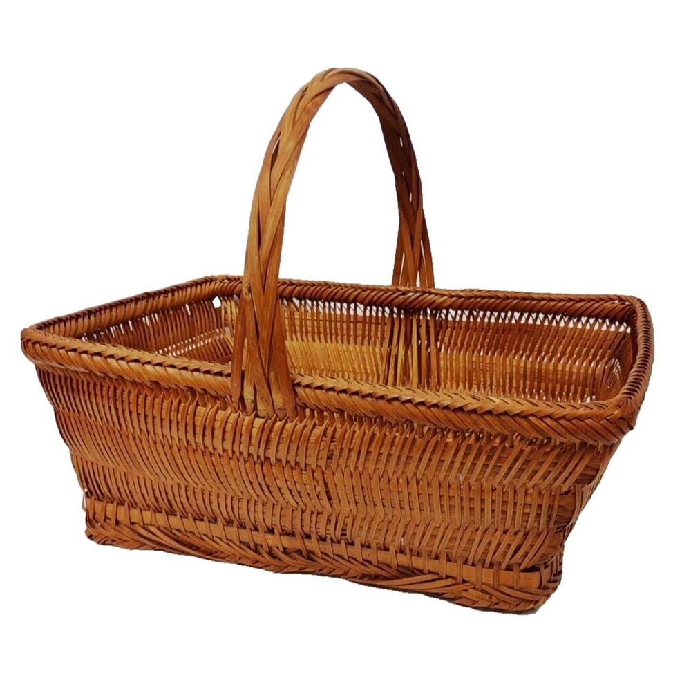 Antique Chinese Split Bamboo Handmade Woven Gathering Basket with Handle 14"